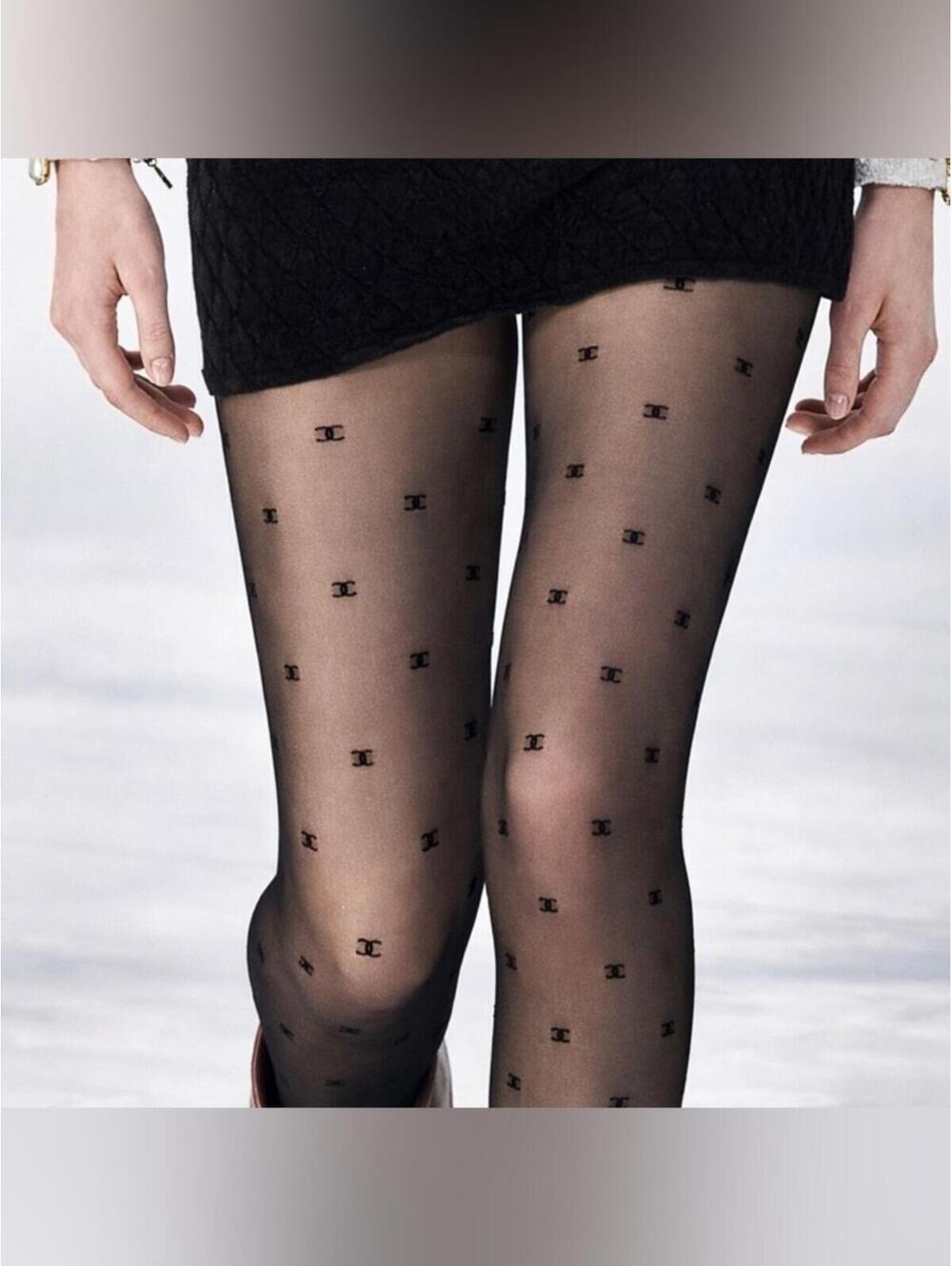 CHANEL CC Logo Runway Sheer Black Stockings Tights S/M Limited Edition